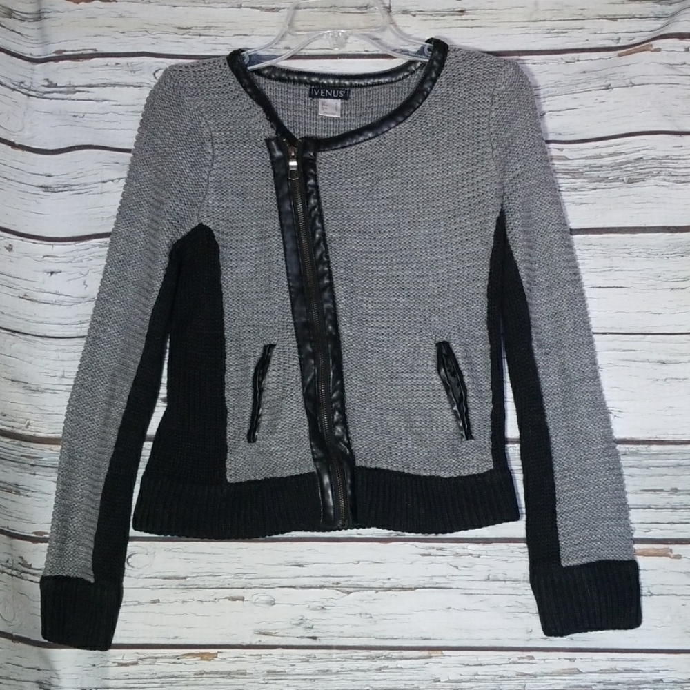 Venus knit faux leather lined moto zip up sweater
